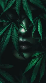 Emerald leaves veil a shadowed face in mystic green hush.