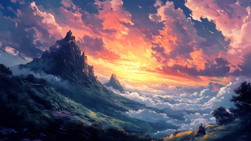 Layered mountain landscape extends beneath dense sunset clouds