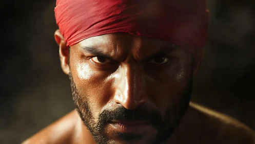 Storm-eyed warrior stares down darkness in molten light.