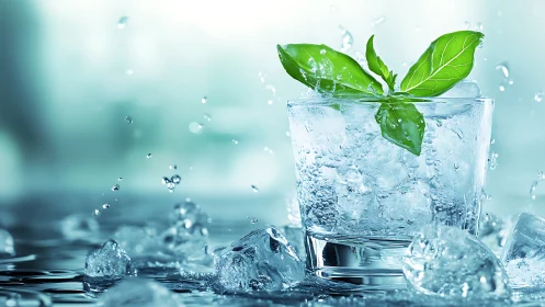 Icy cocktail glass with basil leaves and splashing water.