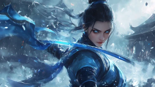 Warrior with glowing blade defies a storm of ice and fury