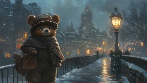 Adventurous teddy bear crosses a snowy, lantern-lit city bridge