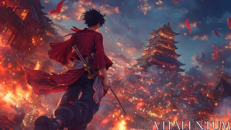 Lone swordsman confronts a burning samurai citadel at dusk