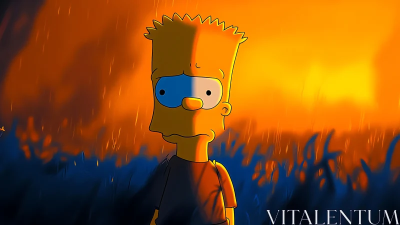 Moody cartoon boy stands in glowing orange rainstorm twilight