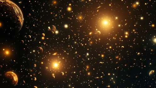 Golden-hued cosmic field shows dense planets and bright stars