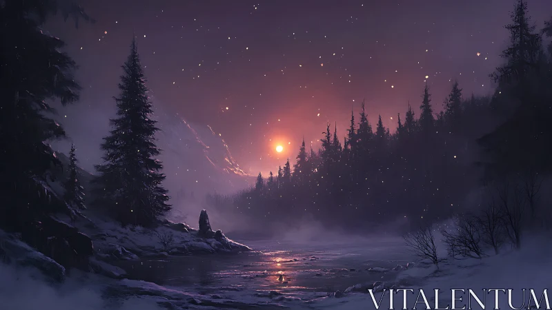 Frozen forest river glows beneath violet winter sunset