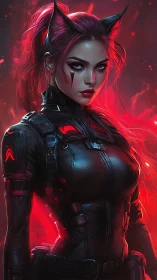 Cybernetic cat-eared operative in tactical armor, red backlight