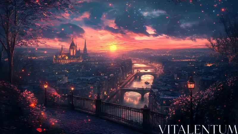 Twilight riverside cityscape under glowing magenta sunset sky.