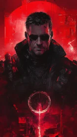 Red eclipse enforcer in neon-soaked cybernetic storm.