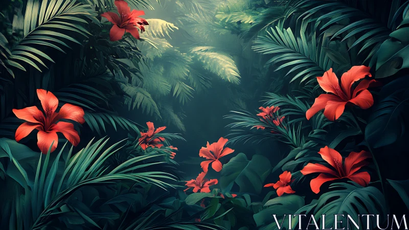 Red Hibiscus Flowers in Dark Tropical Foliage.