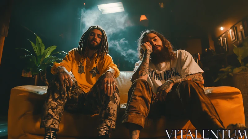 Cinematic low-angle portrait of two men on mustard sofa