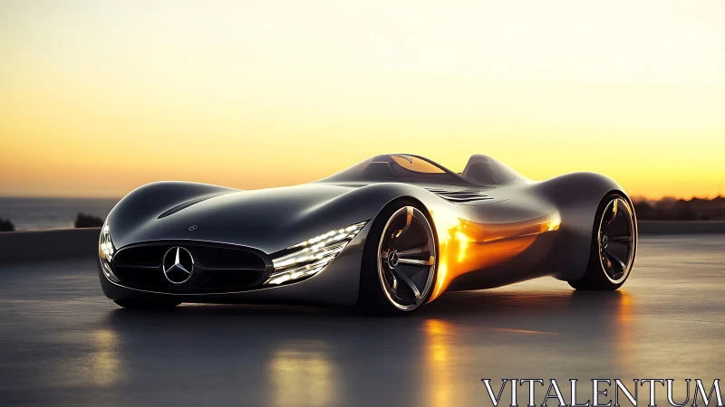 Streamlined electric concept roadster under low-angle sunset lighting