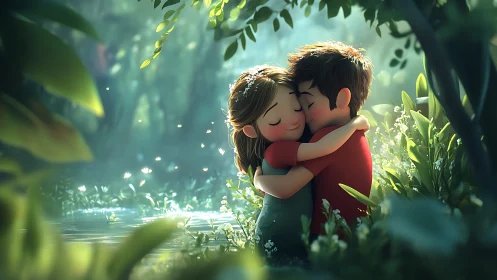 Two Children Embracing in Luminous Forest Clearing.