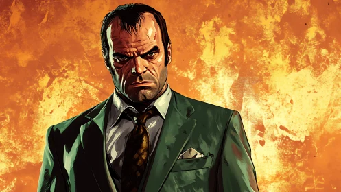 Comic portrait of stern suited man on distressed orange field.