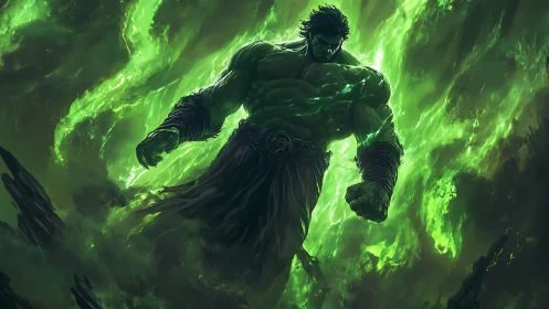 Radiant green titan rising through swirling mystical flames.