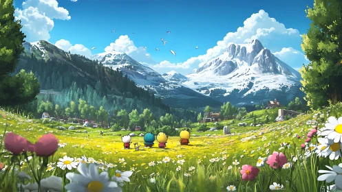 Alpine meadow panorama with stylized explorers in bloomscape.