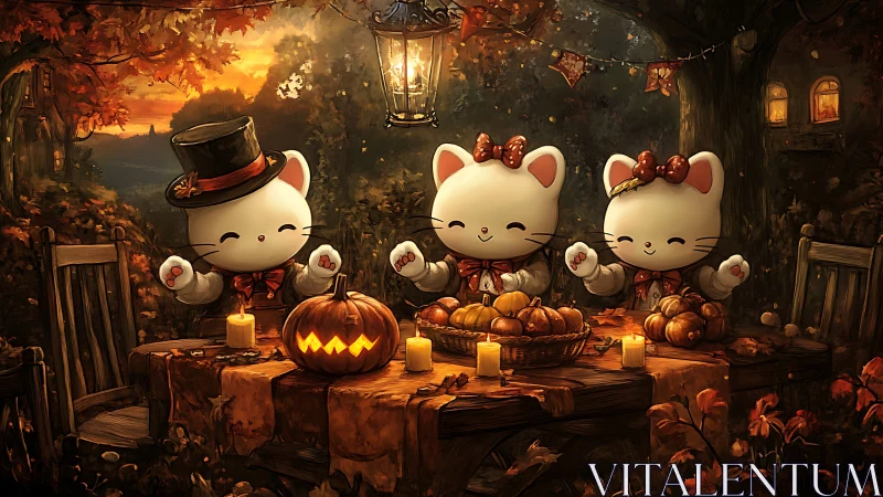 Autumn Harvest Fantasy: Stylized Characters in Festive Candlelit Setting.