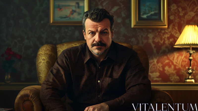 Middle-aged man in warm, vintage-lit living room interior.