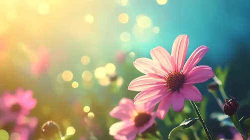 Pink Daisies in Soft Golden Sunlight. Dreamy Garden Scene.