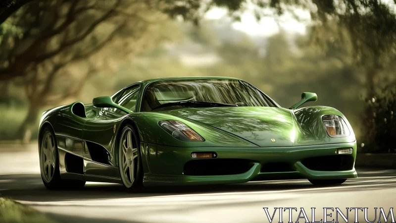 Green supercar under soft daylight on tree-lined road.