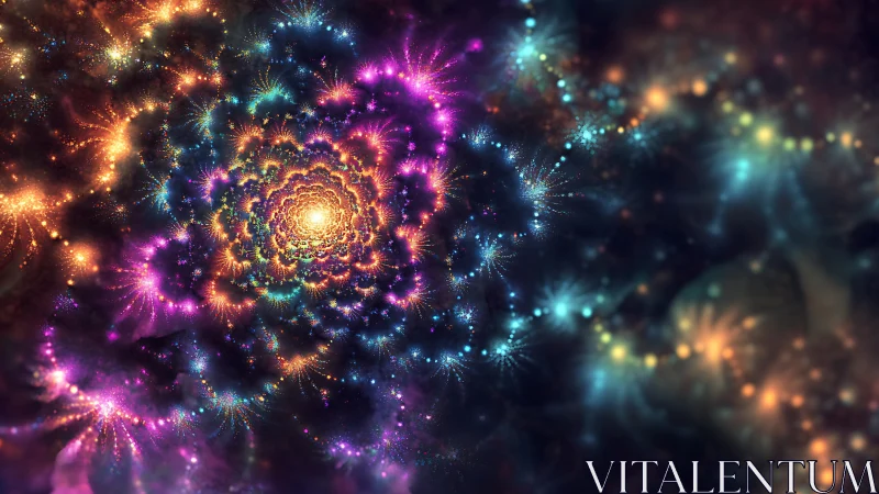 Fractal nebula spiral glows with radiant cosmic fireworks.