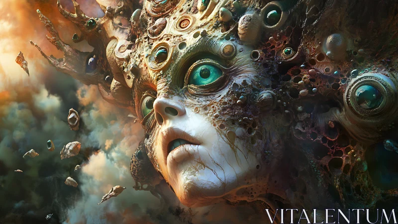 Biomechanical cosmic deity head rendered with fractal detail and voids