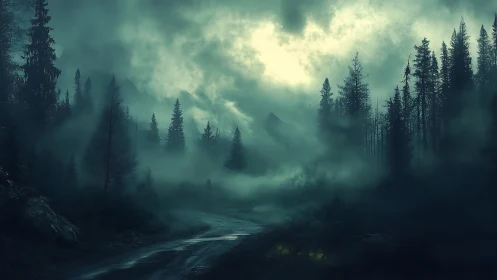 Foggy conifer forest road under pale dawn light.