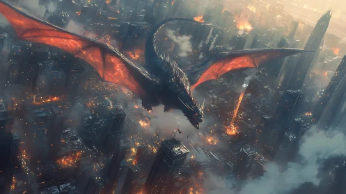 Dragon over burning high-rise cityscape during aerial assault.