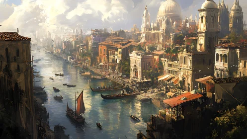 Digital painting of sunlit Venetian canal city panorama.