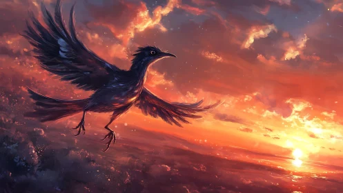 Dynamic corvid silhouette rendered against high-saturation volumetric sunset sky