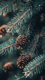 Winter spruce needles and pinecones in soft forest bokeh.