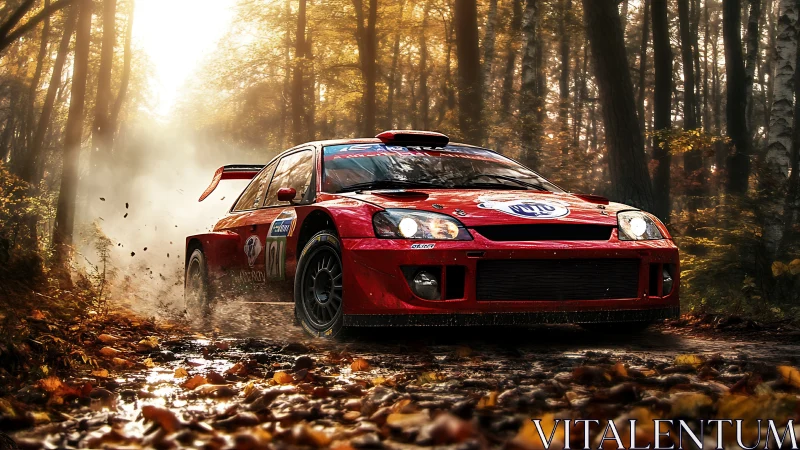 Scarlet rally beast slashes through autumn forest light