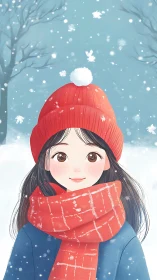 Winter portrait of girl with red knit hat, scarf and light snowflakes
