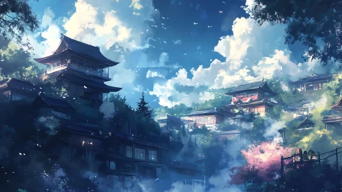 Tiered Japanese hill town extends under bright summer clouds