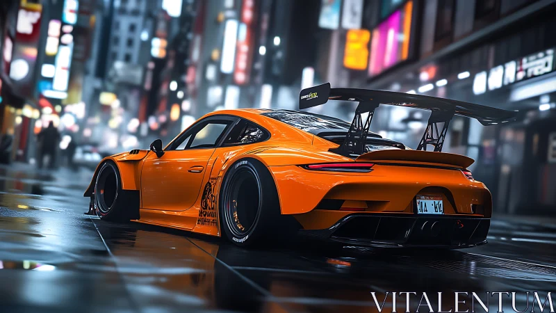 Orange widebody race car cuts through neon city rain.