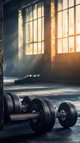 Backlit iron dumbbells lying on worn concrete gym floor at rest
