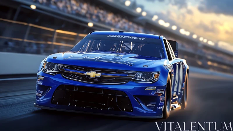 Blue stock racing car moves along banked speedway curve