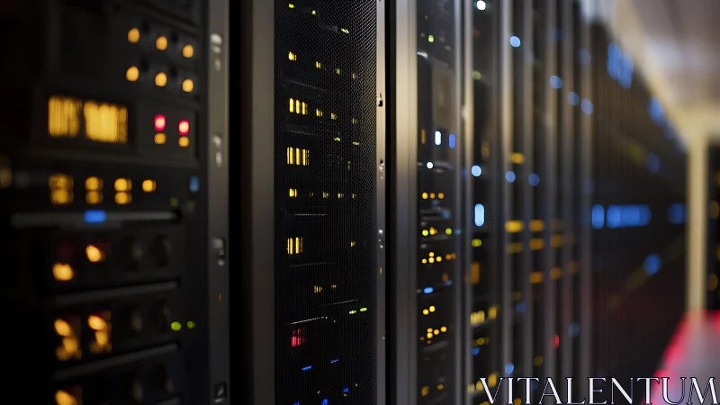 Softly glowing server racks hum with quiet digital energy