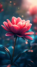 Luminous coral flower in dreamy teal bokeh garden.