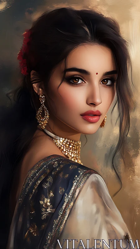 Graceful woman in saree gazes softly in warm golden light