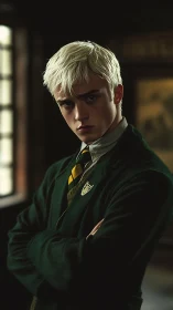 Brooding platinum prefect in emerald school corridors.