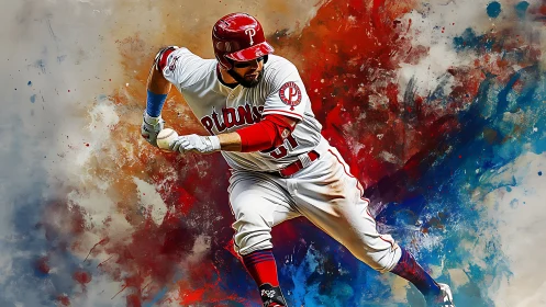 Dynamic baseball batter in motion amid abstract paint explosion