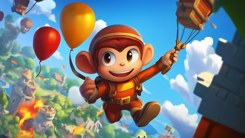 Cartoon monkey paratrooper flying among bright balloons.