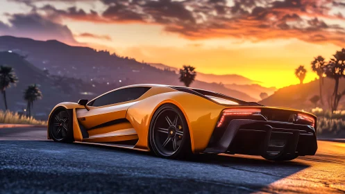Yellow sports coupe on coastal road at orange sunset skyline.