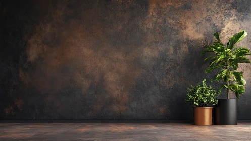 Indoor plants against textured bronze concrete wall backdrop.