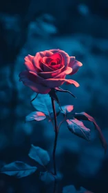 Red Rose Illuminated Against Deep Blue Darkness