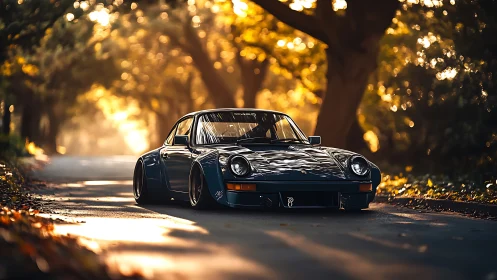 Low-slung classic sports car on quiet sunlit forest road.