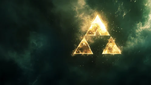 Glowing golden triangles shining softly in swirling clouds.