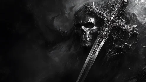 Grim skull sentinel guarding an ornate cursed greatsword.