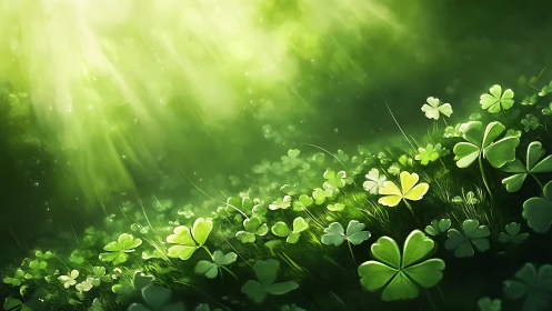 Sunlit clover meadow glowing with gentle green magic.